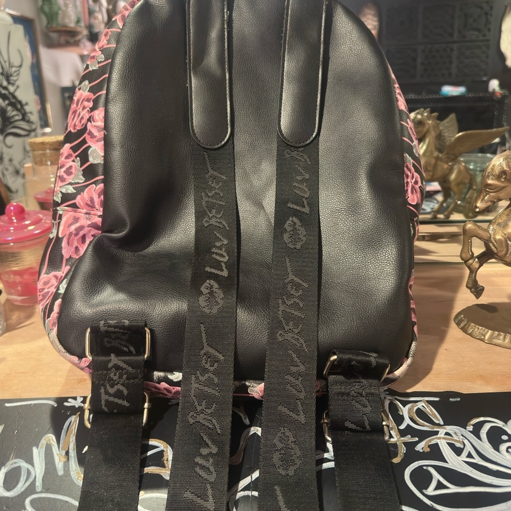 Betsey Johnson Black and Pink Floral Backpack